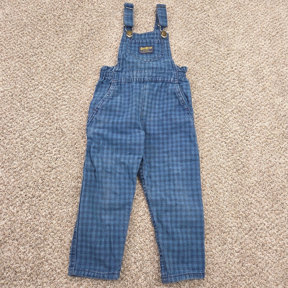 OshKosh B'Gosh vintage Blue Check Plaid toddler overalls 4T Made In USA 80s 90s